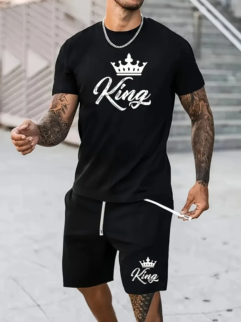 

Модные мужские шорты с короткими рукавами и шортами King Print, комплект из 2 предметов, свободная футболка больших размеров, одежда, шорты с боковым карманом и эластичной резинкой на талии