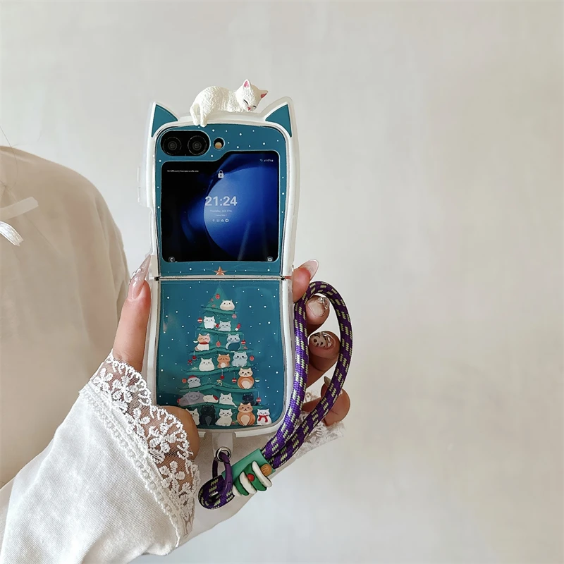 Cute Christmas Tree Cat Phone Case For Samsung Galaxy Z Flip 6 5 4 3 Flip5 Flip4 Flip6 5G Cover with Hand Strap Silicone Cases