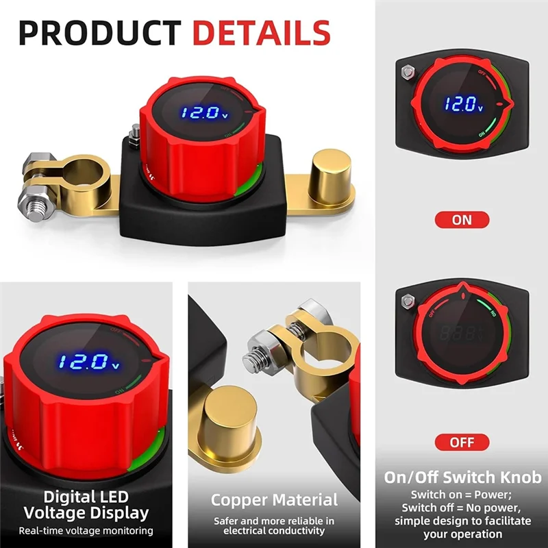 VOFUN-Auto Batterij Terminal Kit 12 V-48 V Top Post Aan Uit Schakelaar W/Voltmeter Messing Positieve Negatieve Stroomverbindingen