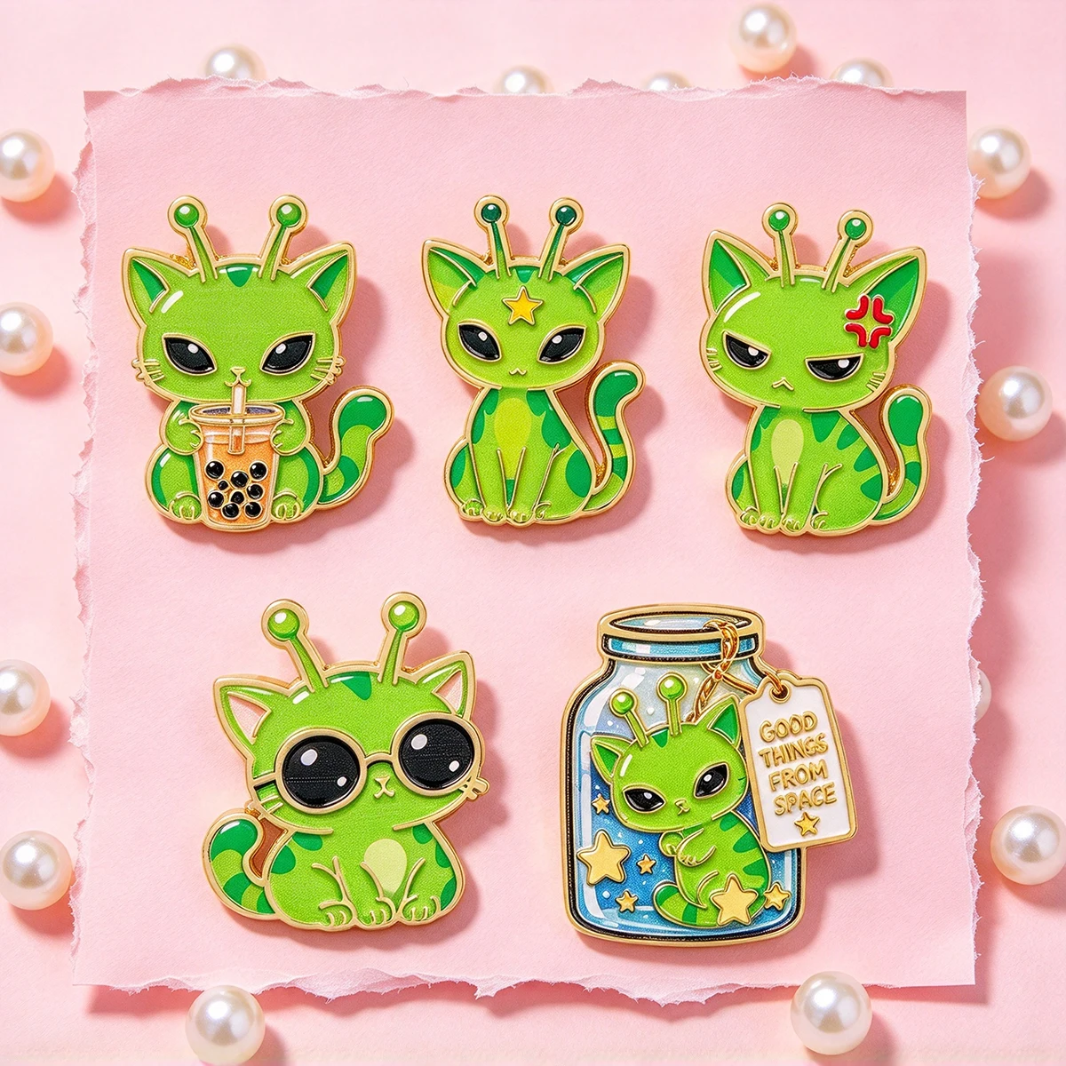 5pcs Kawaii Alien Cat Enamel Pin Set Green Space Kitten Brooches Woman Men Backpack Accessories Bags Badge Lapel Jewelry Gifts