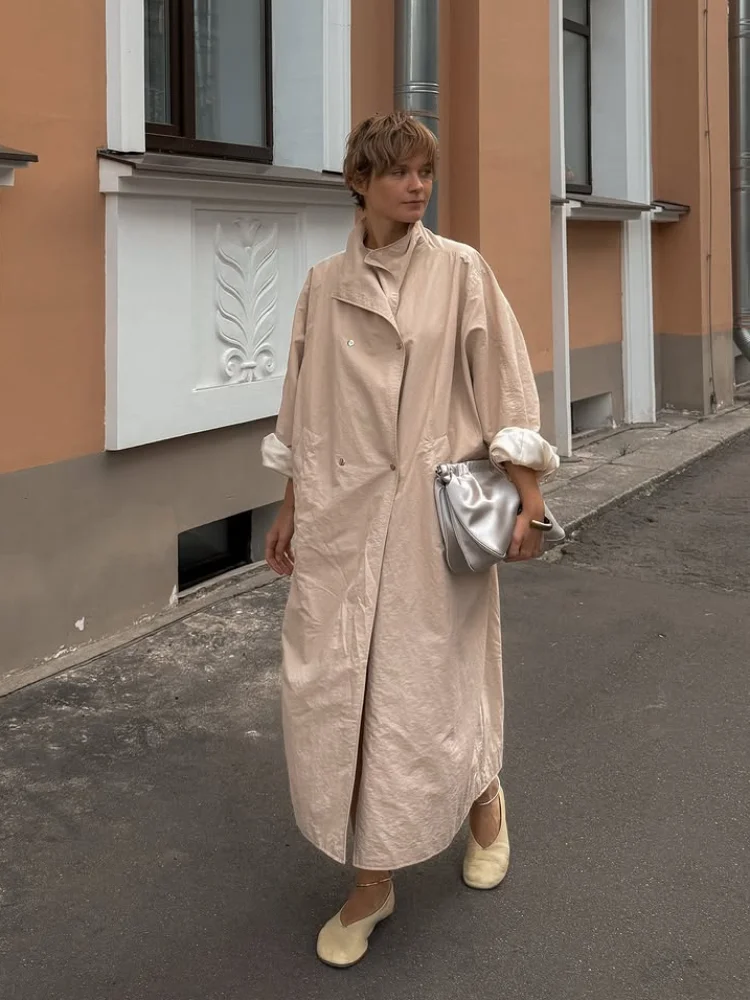Women Solid Oversized Stand Collar Long Trench Coat Single Button Loose Wide Sleeve Minimalist Windbreaker Lady Casual Outerwear