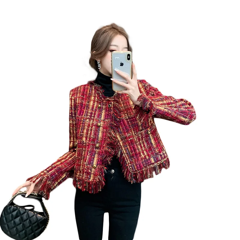 Women Autumn New Round Neck Fleece Edge Oblique Buckle Woven Wool Duvet Fragrant Coat Tweed Jackets