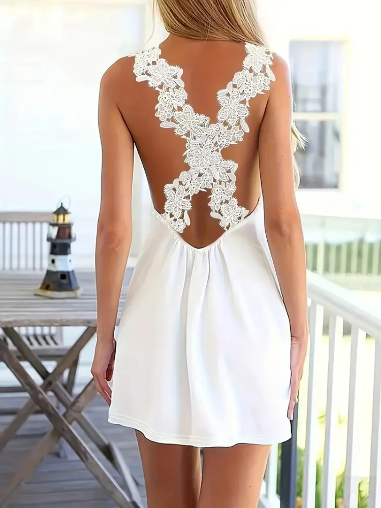 Plus Size Solid Backless Lace Stitching Criss Cross Dress Sexy Sleeveless V Neck Mini Dress For Spring & Summer Women\'s Plus Si