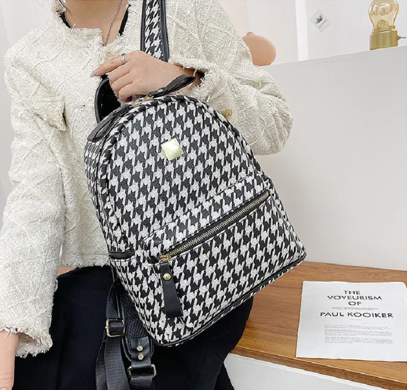 

New Fashion Luxury Women Houndstooth Large Capacity Travel Backpacks High Quality Leather Shoulder Bags School Bag Totes Bagpack