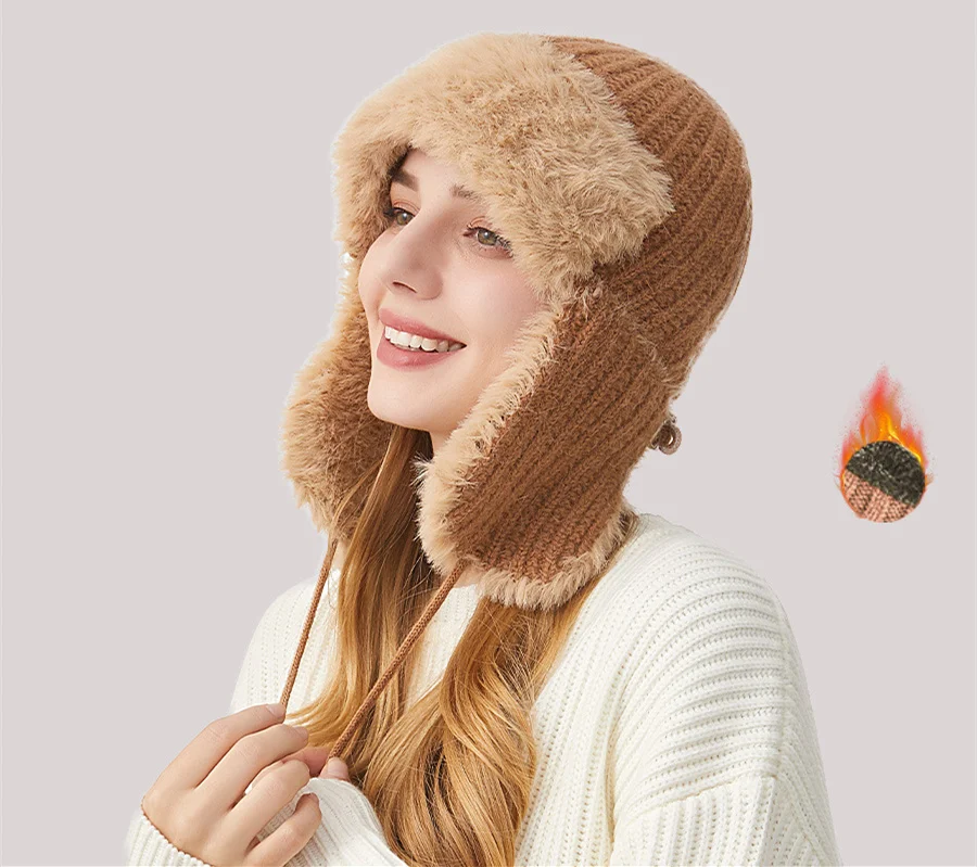 Winter Knitted Thunderbird Hat Women Fashion Thick Velvet Ear Protection Warm Realm Woolen Hat Skiing Warm Soft