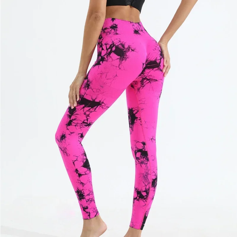 Gym Sports Workout Leggings Push Up Yoga Pants Women Fitness Leggings High Waist Seamless Pants Fashion Tie Dye Knit Slim Pants