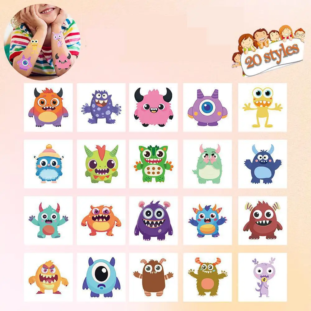 20Pcs/set Cartoon Funny Little Monster Tattoo Stickers Cartoon Tattoo For Kids Birthday Gift Fake Children Body Art Tattoos Toys