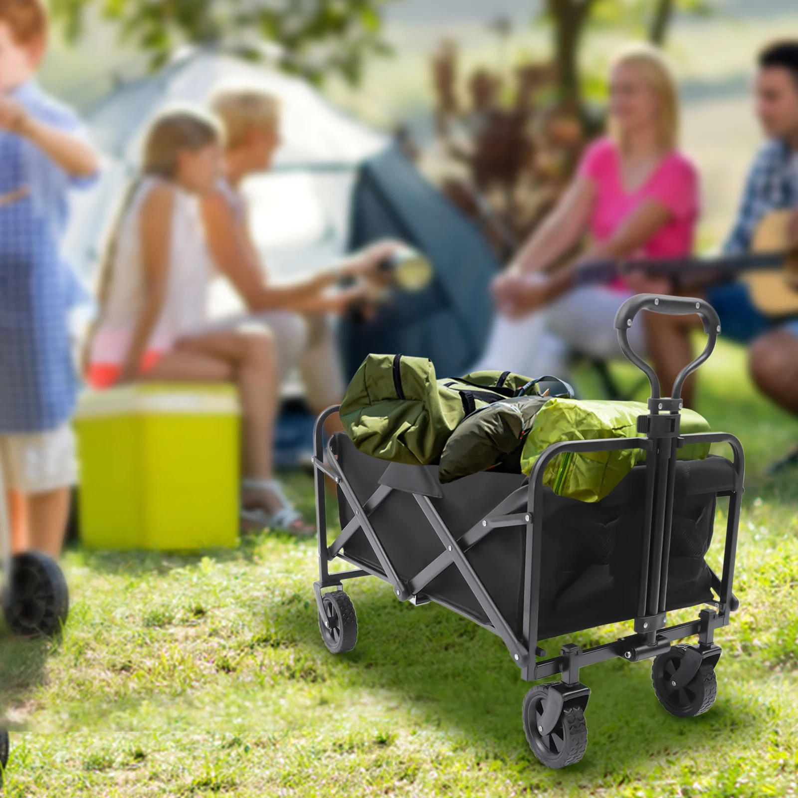 Garden Cart Collapsible, Utility Wagon, Beach Wagon with Rubber Wheels, Adjustable Handle and 2 Cup Holders, for Beach, Garden