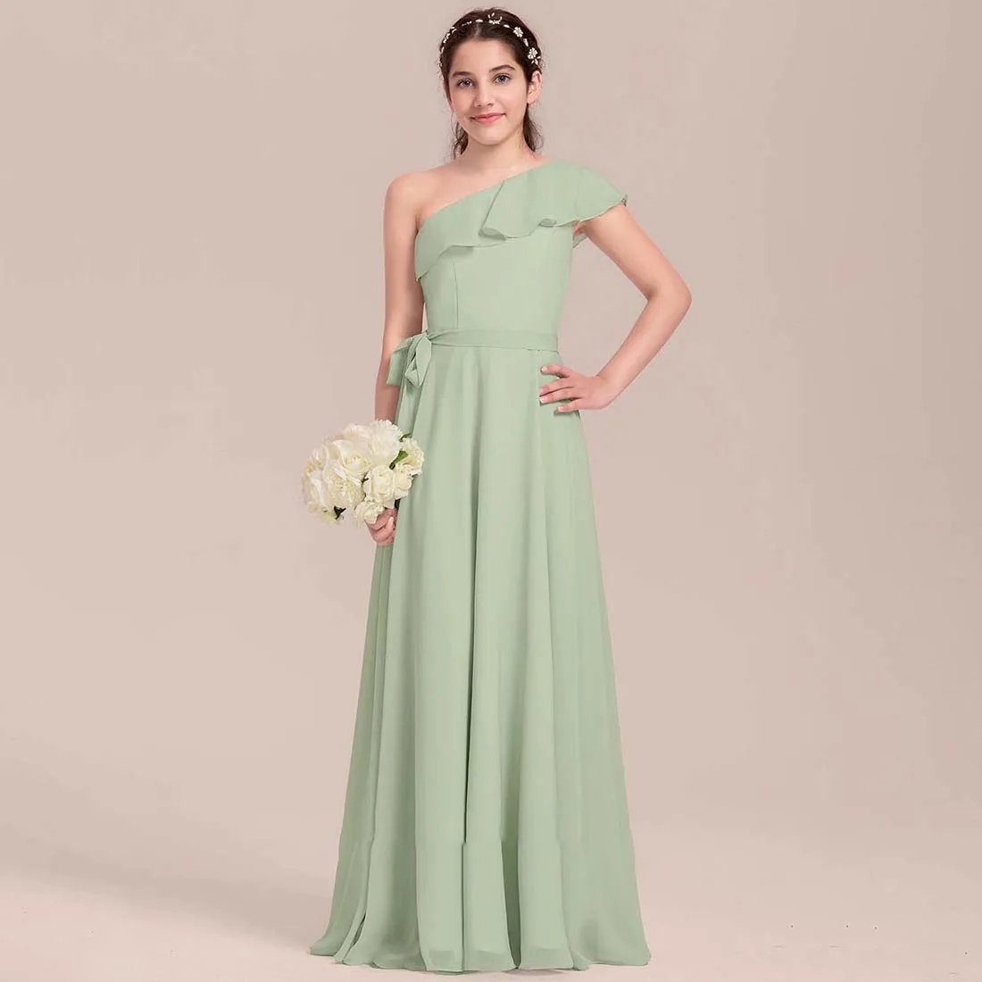 YZYmanualroom Chiffon Junior Bridesmaid Dress With Cascading Ruffles A-line One Shoulder Floor-Length 2-15T