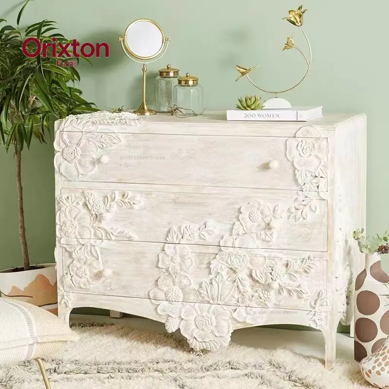 Retro solid wood three-bucket cabinet European neoclassical carved drawer locker American light luxury entrance cabinet