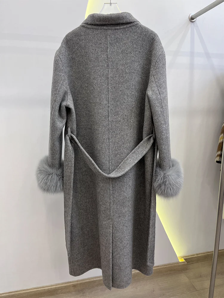 Damski długi, gruby, ciepły płaszcz zimowy z wełny z naturalnym futrem z lisa na mankietach, luksusowa kurtka wierzchnia w stylu streetwear, 2025