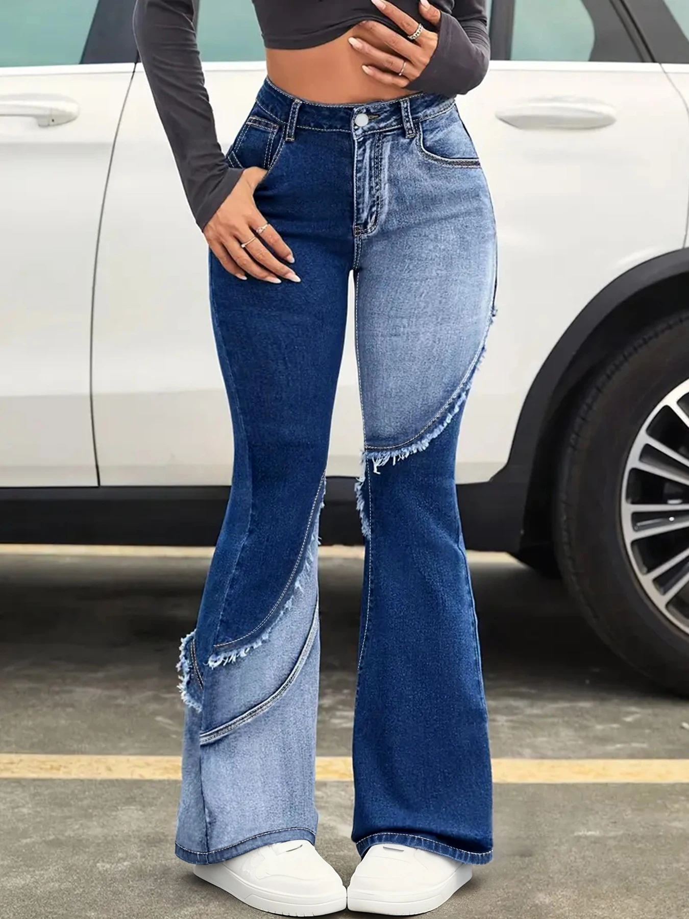 جينز نسائي عالي الخصر مقاس كبير، أنيق يغسل لجعل الأرجل تبدو أطول، جينز متوهج بحاشية ملونة