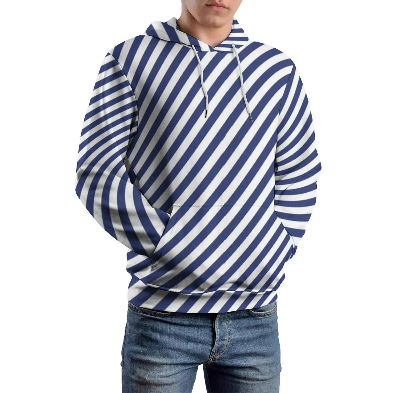 Vintage Nautical Loose Hoodies Blue Cross Stripes Casual Pullover Hoodie Couple Long Sleeve Cool Hooded Sweatshirts Plus Size