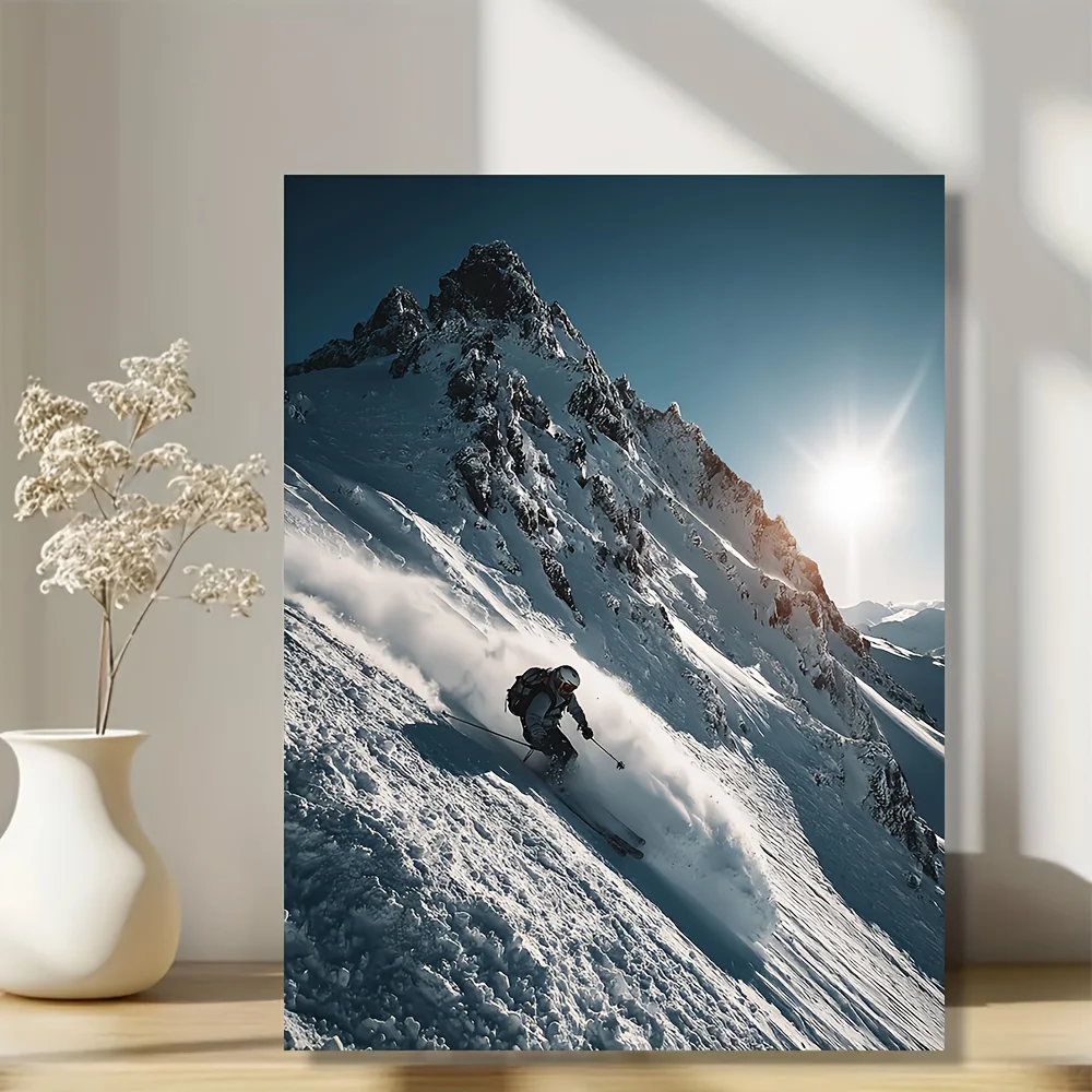 (No frame)2D Flat, 1pc Large Ski Jump Framed Canvas Wall Art - Dynamic Skiing Action Poster with Wrap-Around Wood Frame, Vert