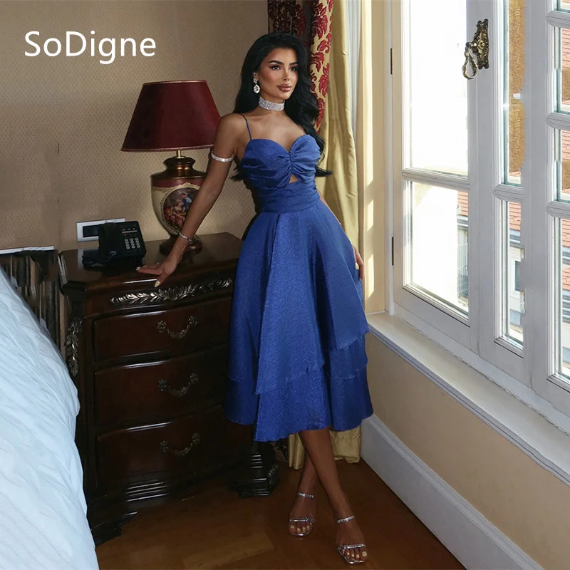 

SoDigne MINI Blue Satin A-Line Prom Dresses Homecoming hollow Spaghetii Strap Prom Gown Removable Strap Party Dresses Customized