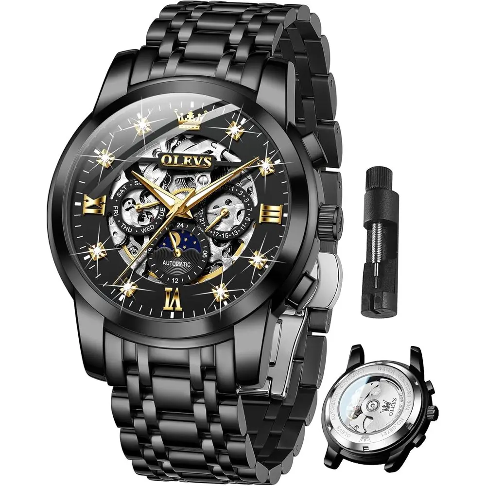 

Мужские автоматические часы OLEVS: роскошные механические наручные часы-скелетоны с бриллиантами, автоподзаводом, водонепроницаемые, светящиеся