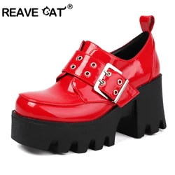 REAVE CAT 2024 Seksowne damskie czółenka 8 cm Blcok Obcas 4 cm Wysoka platforma Klamry Czarny Beżowy Duży rozmiar 42 43 Party