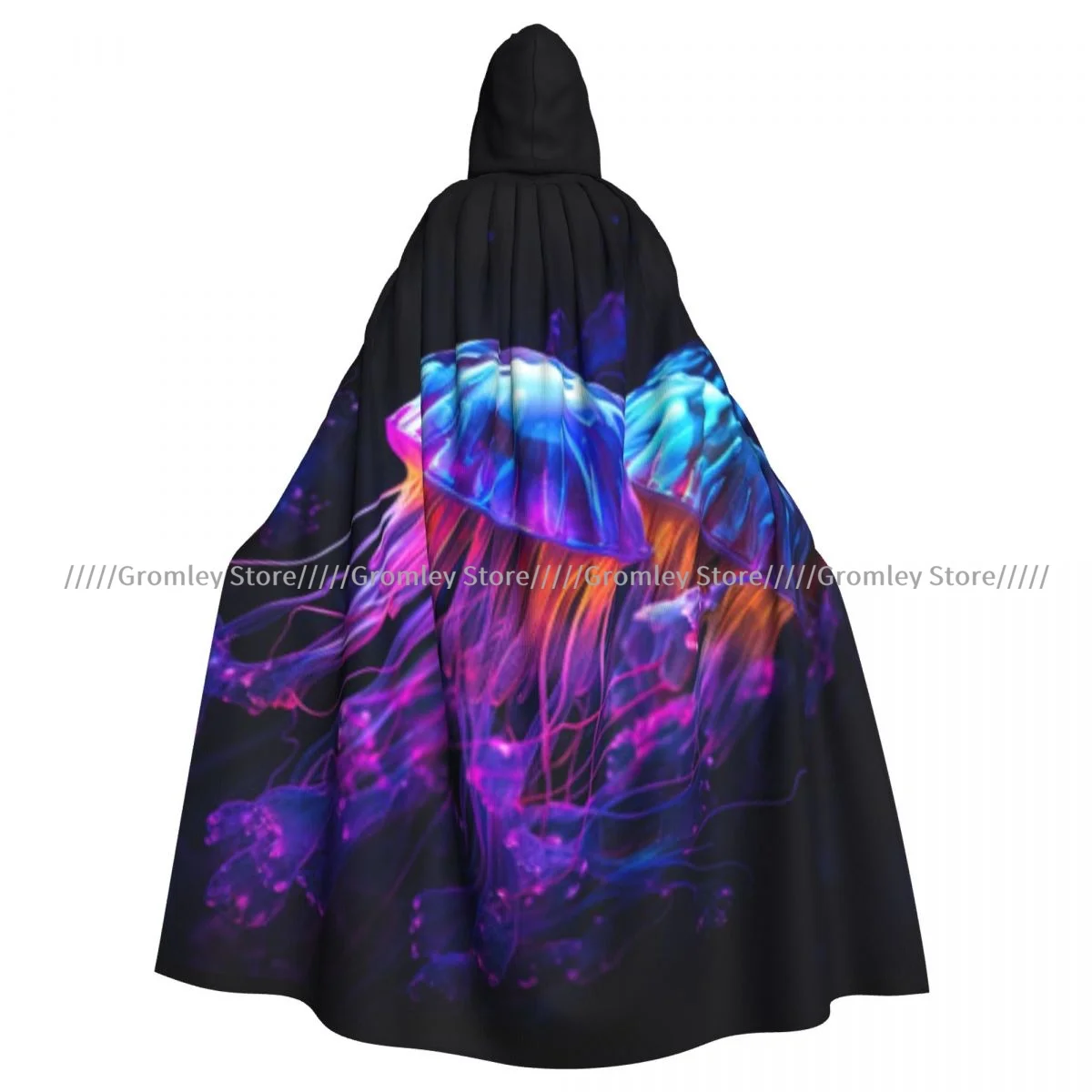 Witch Long Hooded Robe Jellyfish Print Halloween Cloak Cosplay Costumes for Adult