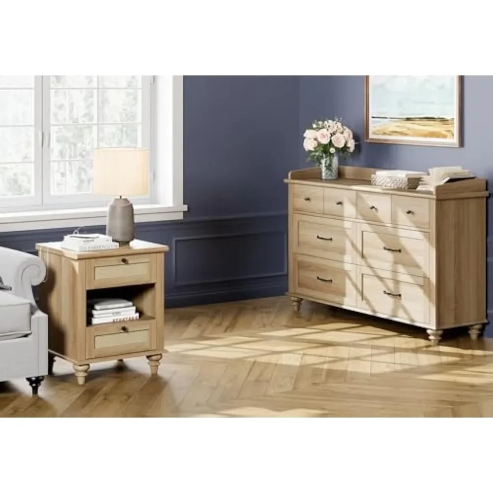 2 Piece Dresser and Nightstand Sets,Wood Dresser & Chest of Drawers with 6 Drawers,Rattan Nightstand Table with Charging Station