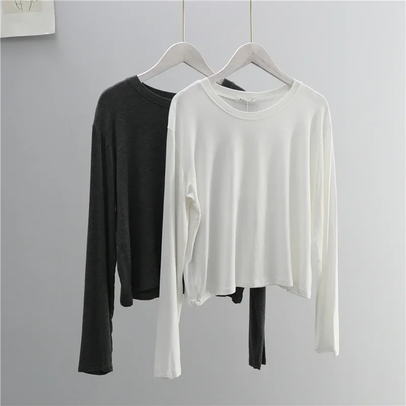 O Neck Cotton Blend Long Sleeve T Shirt for Women Black White Casual Autumn Summer Top