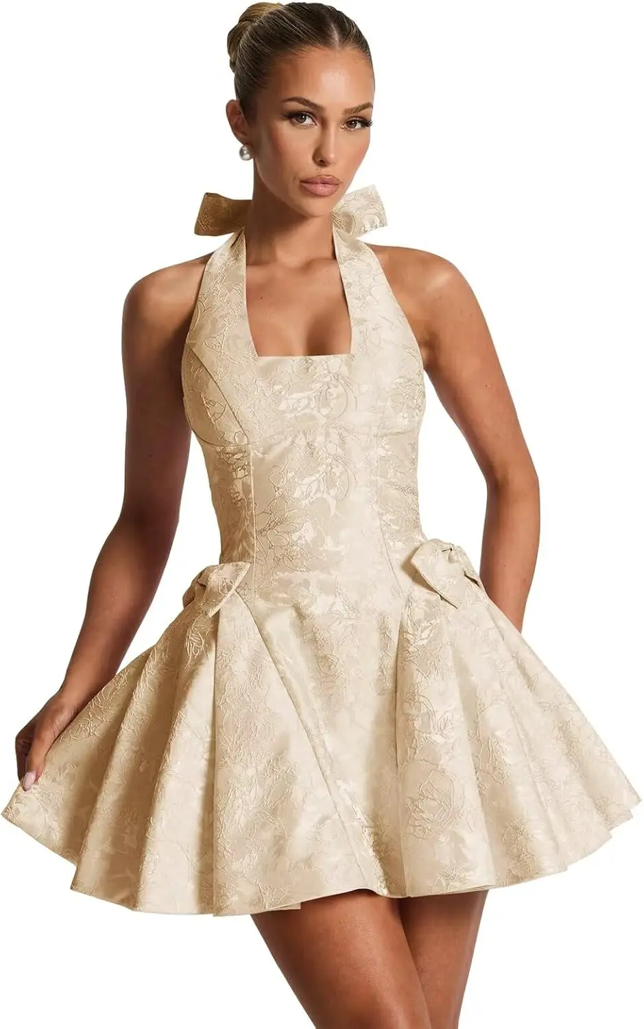 

Атласное жаккардовое платье-халтер для выпускного вечера с бантом для подростков, мини-платье А-силуэта, пышное коктейльное платье-корсет, вечернее платье для торжественных мероприятий