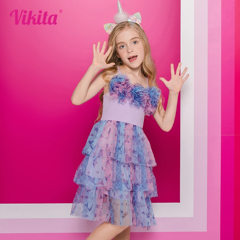 VIKITA Girls Sleeveless Dress Kids Sling Lace Mesh Tulle Tutu Princess Dresses Girl Starfish Print Floral Birthday Party Dress