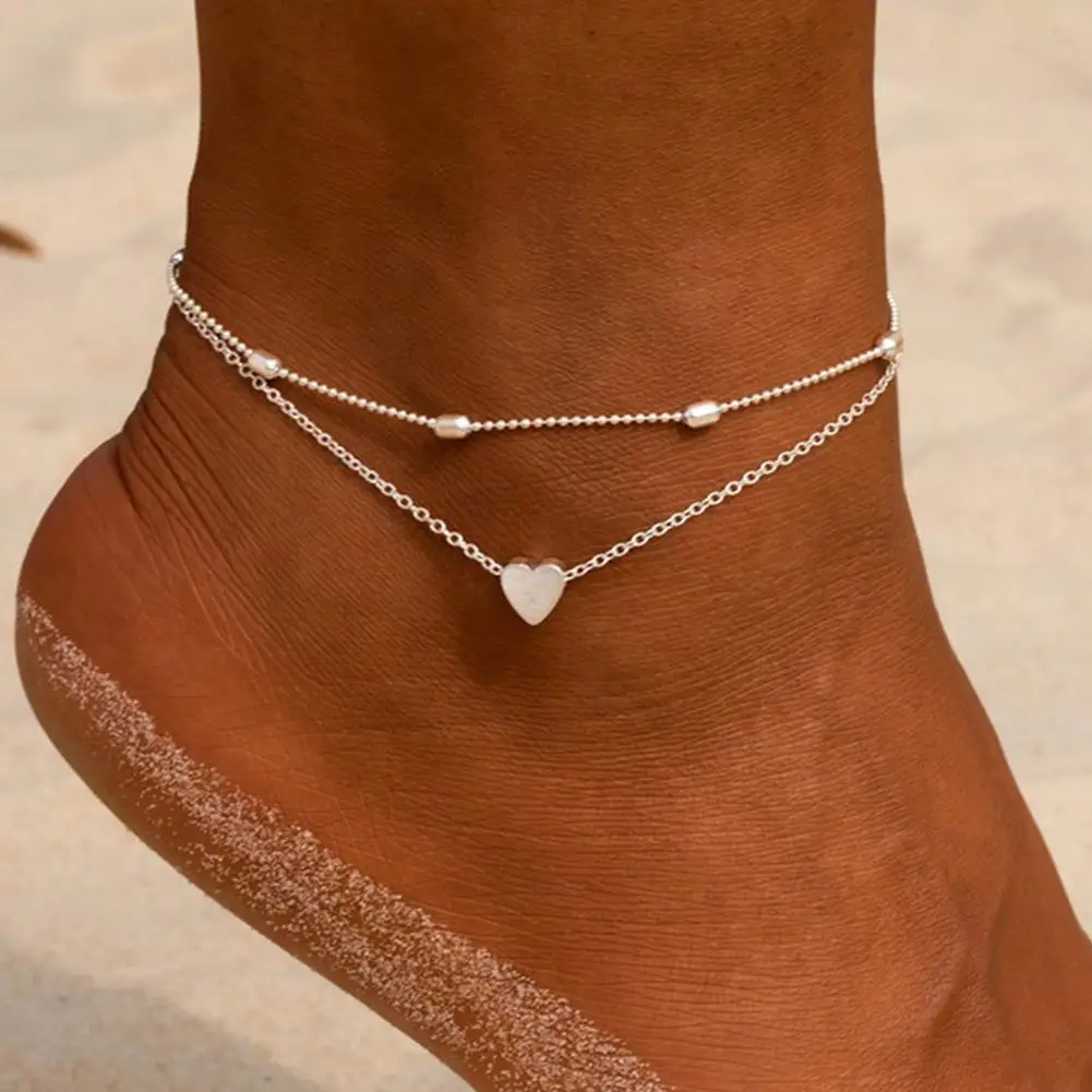 Women Anklets Simple Heart Barefoot Crochet Sandals Foot Jewelry Two Layer Foot Legs Bracelet Anklets Gifts For Women Jewelry