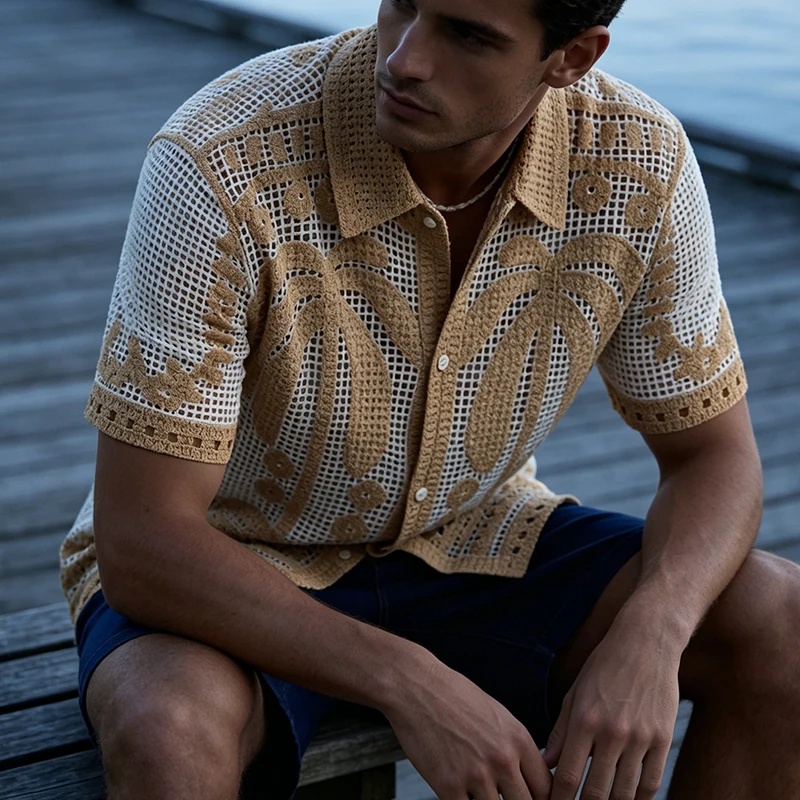 Casual Breathable Hollow Out Knit Cardigans Men Summer Vintage Coconut Palm Crochet Shirts Mens Leisure Short Sleeve Shirt