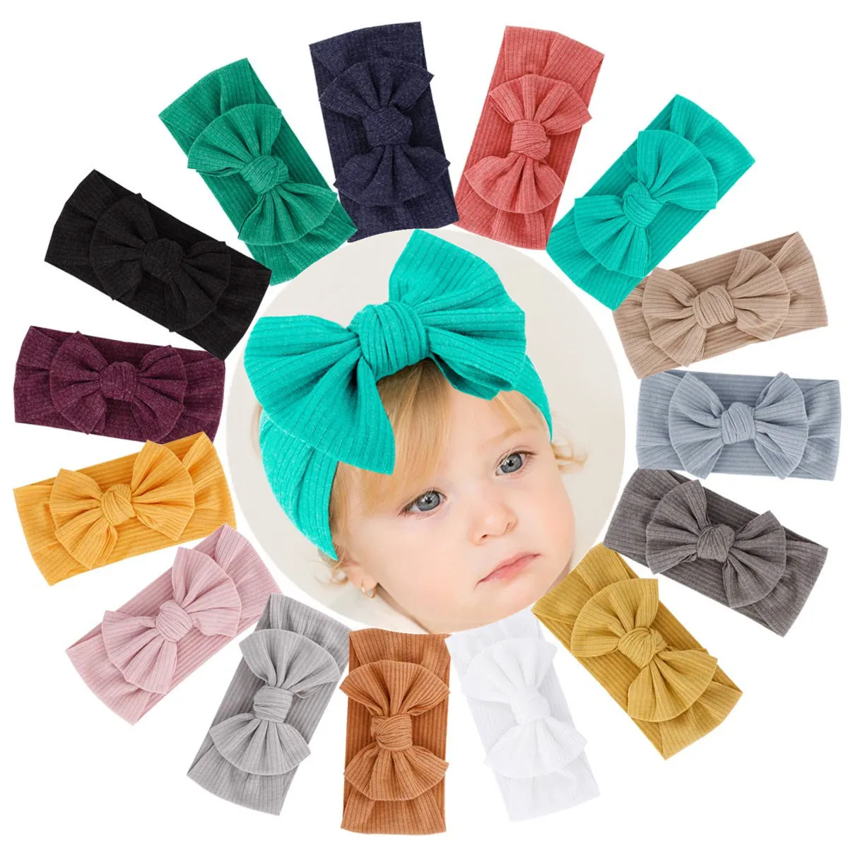 

100 Pcs Wholesale New 20 Colors Stretch Thread Single Layer Cotton Kids Wide Brim Bow Baby Headband