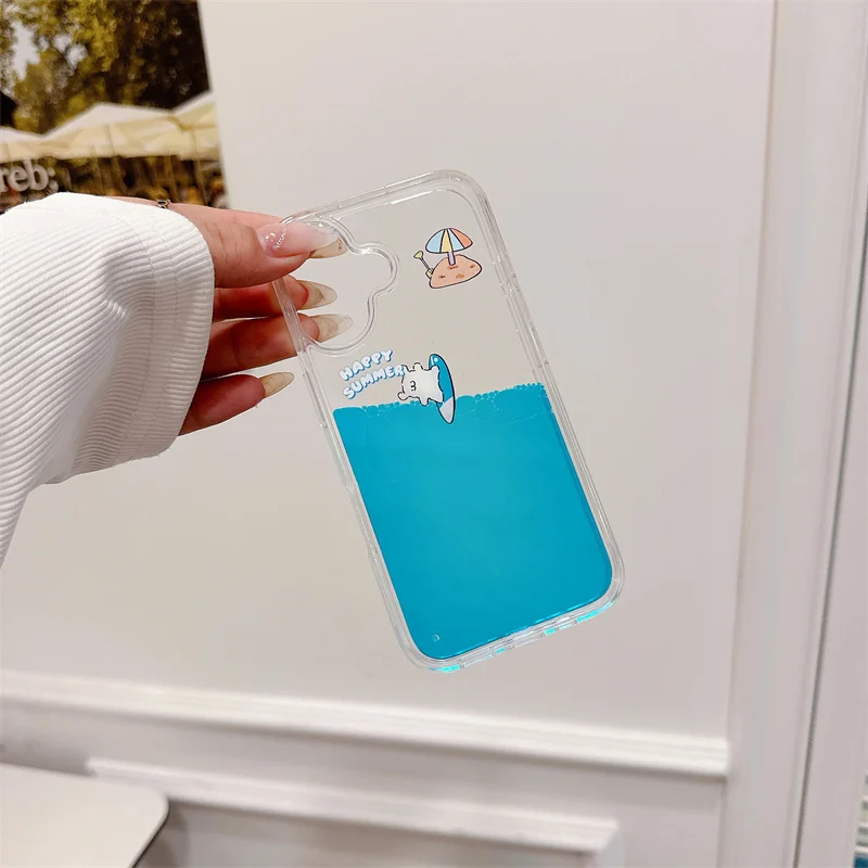 Picture 5: Cartoon Dog Floating Elements in Phone Case for iPhone 16 17 Pro Max 15 Shell Luxury Dynamic Move Around Cover Blue Liquid Coque