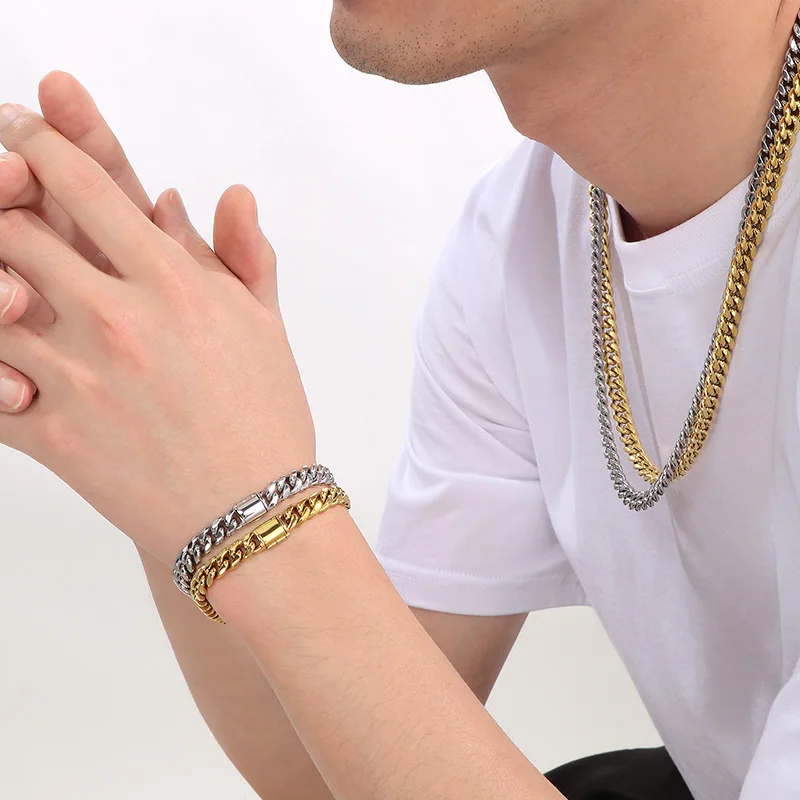 

Kalen Shiny Cuban Chain Bracelet for Men Hip Hop Stainless Steel Jewelry Sets Gold Color Thick Necklace 8MM Trendy Accessories
