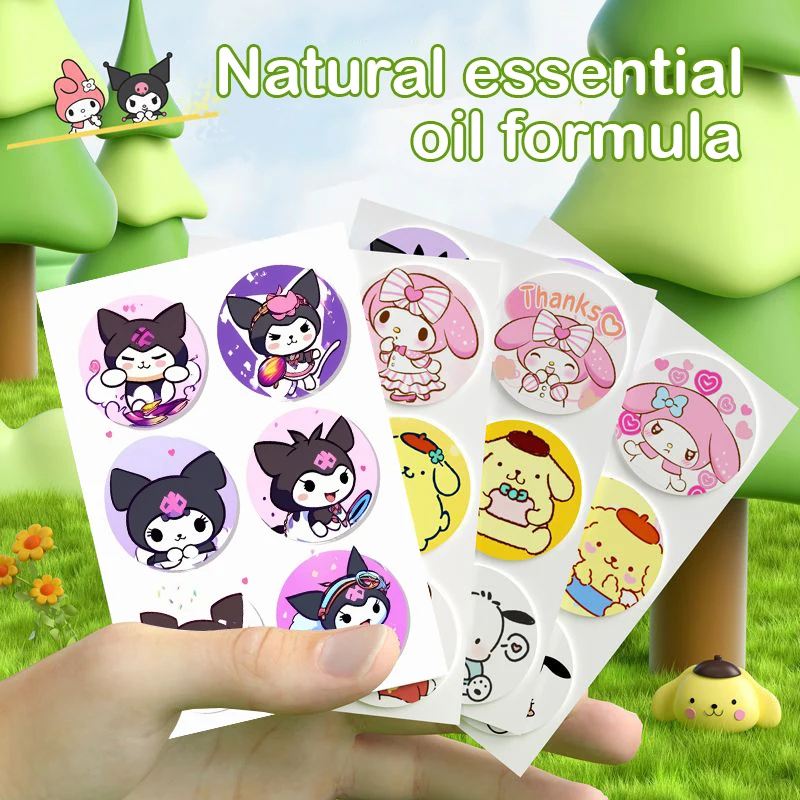 Autocollants anti-moustiques de dessin animé pour enfants, imprimé portable, plante naturelle, château essentiel, Kuromi Cinnamoroll Melody Kt Cat, 36 pièces