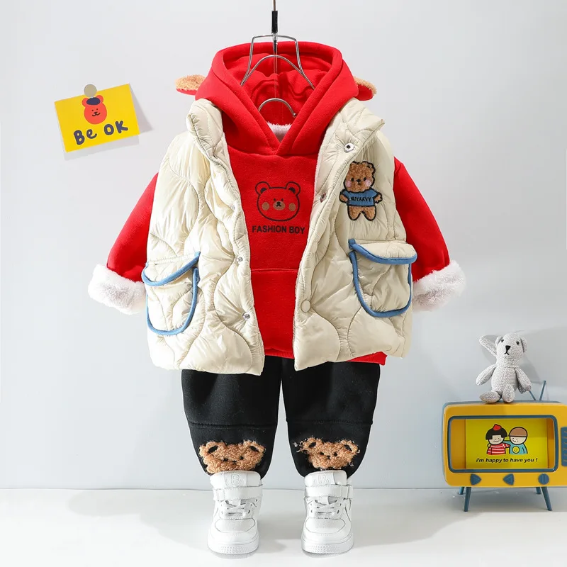 Autumn Baby Cartoon Bear Plush Long Sleeve Set Boys\' and Girls\' Hooded Sweater Pants Three Piece Simple Casual Sportswear