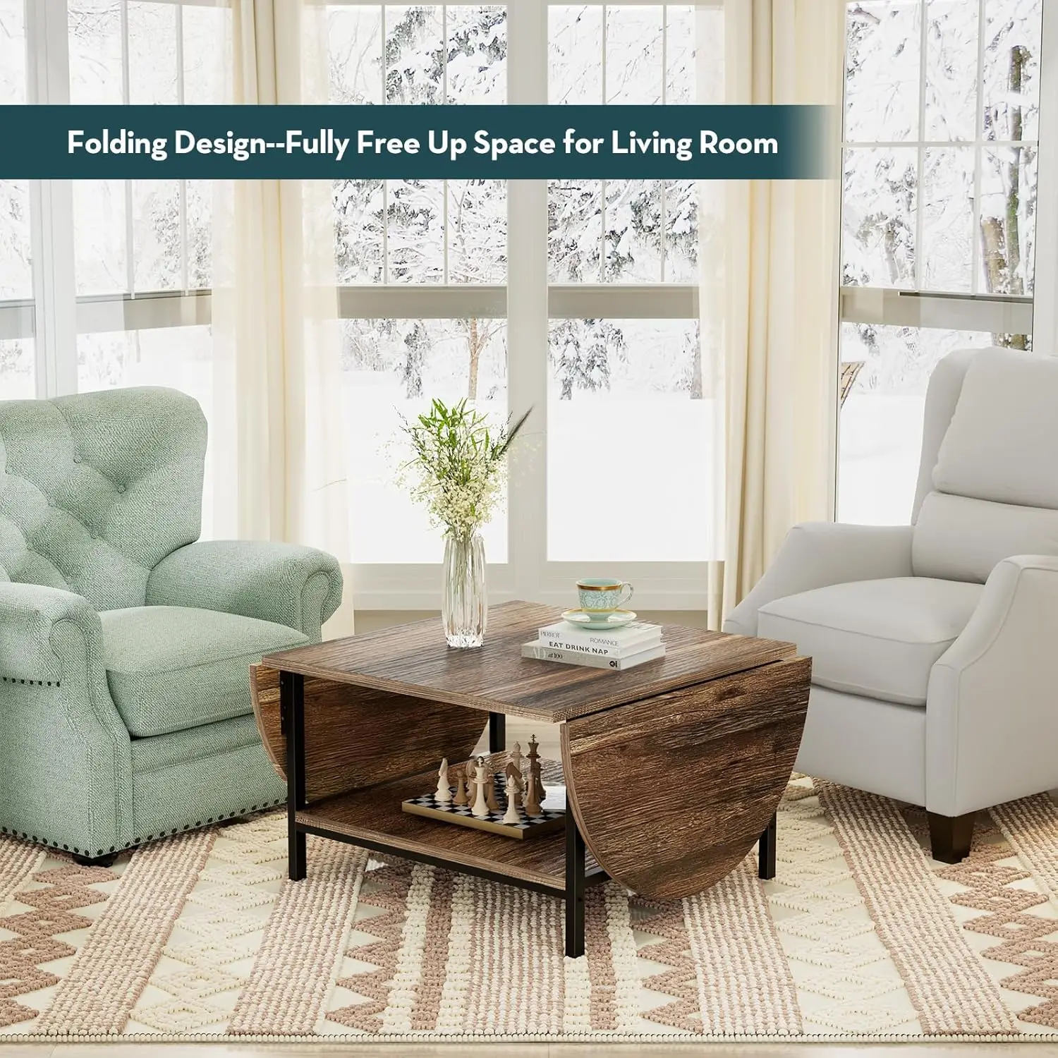 

Saygoer Coffee Table 2-Tier Small Folding Coffee Tables With Storage For Living Room Mid Century Center Table Vintage Extended