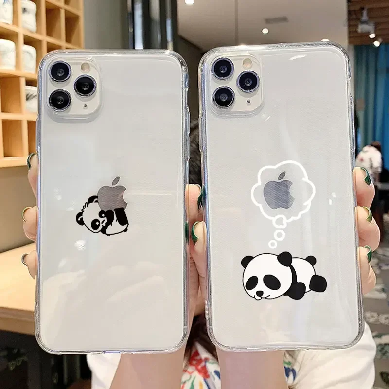 Funny Cute Panda Lover Couple Phone Case for iPhone 16 14 13 11 12 15 Pro Max Mini 8 15 Plus SE XR Soft Transparent Back Covers