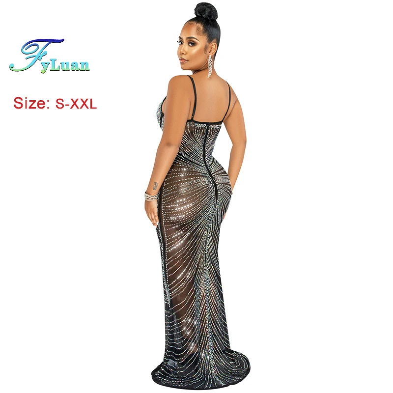 Women Summer Sheer Mesh Crystal Party Dress Celebrities Outifts Sexy SparkleRhinestones Maxi Dress Celebrities Outifts Gown