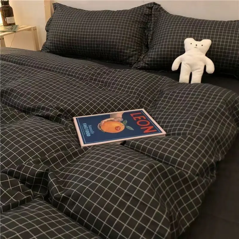 

European Check Print Non Fading Bed Sets Simple Washed Cotton Stain Resistant Bedding Set Twin Full Queen King Size Bedclothes