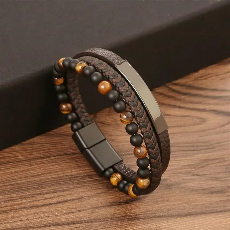 Pulsera de cuero trenzada multicapa de alta calidad para hombres, pulsera de cuentas de ojo de tigre de moda clásica, regalo de joyería de fiesta, 19/21/23cm