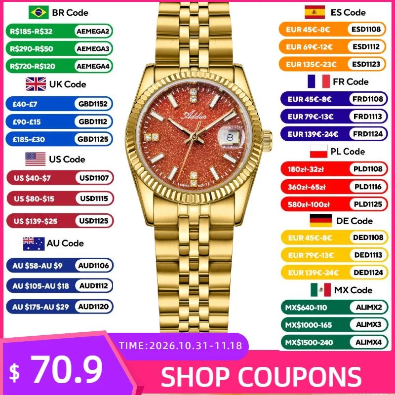 ADDIES 28mm Women's Quartz Watch Luxury Stainless Steel Sapphire Glass Date Display 50M Waterproof Fashion Ladies Watch Luminous