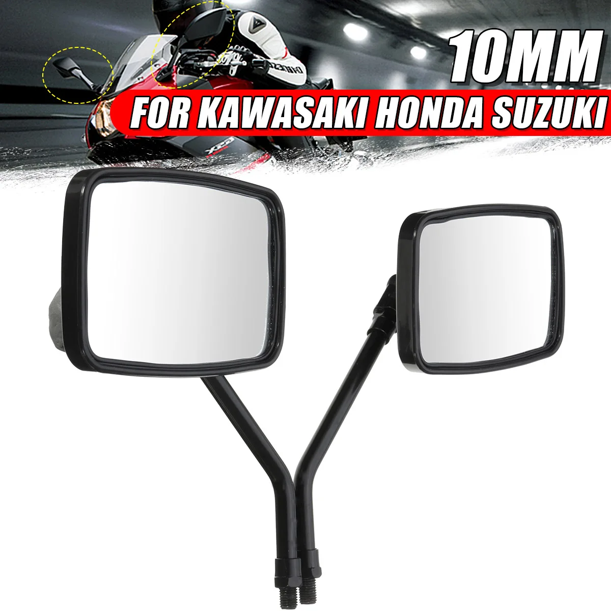 Pair Universal 10mm Rectangle Motorcycle Rearview Mirrors Clear Glass Mirror Black For Honda Shadow VT750 VT1100 VF750