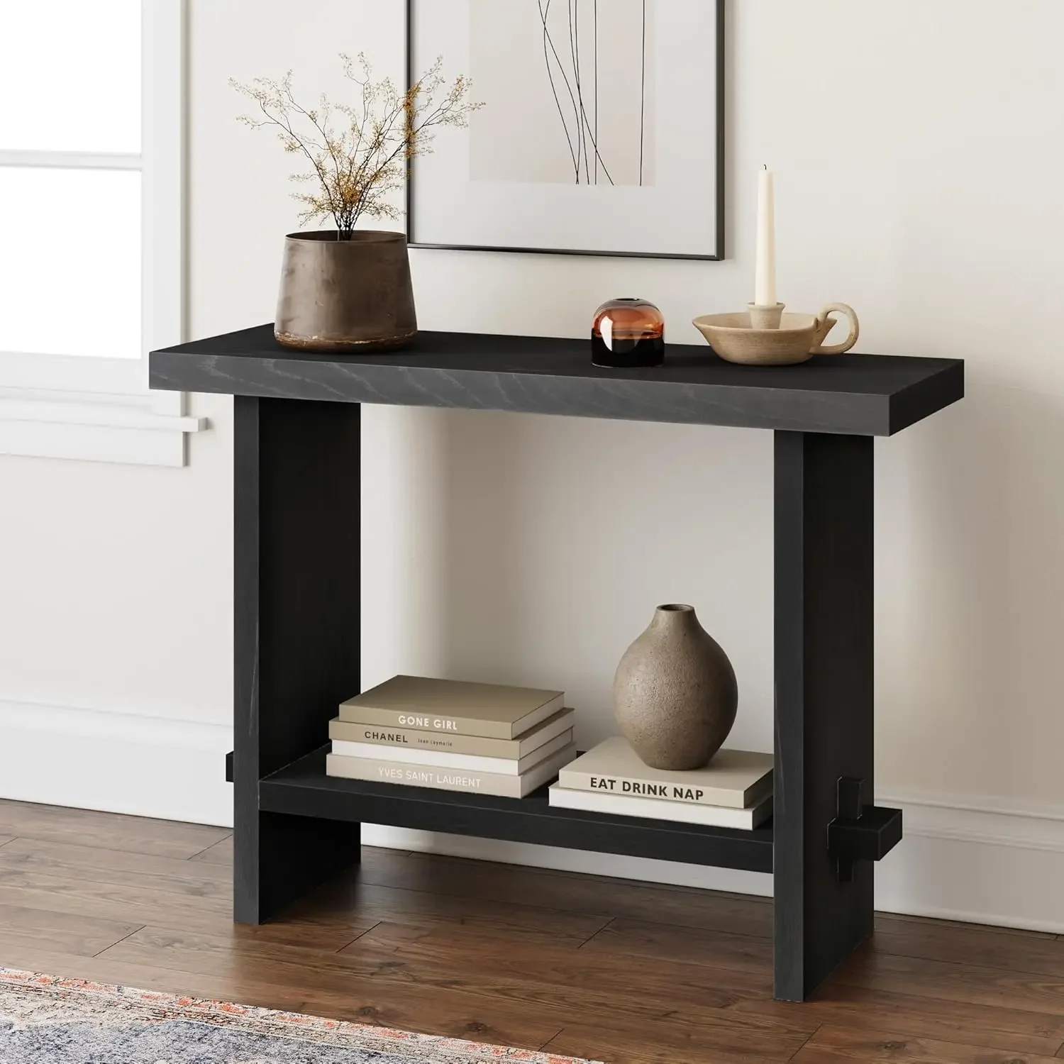 James Virgo Wood Accent Storage Console Sofa Table, for Entryway, Hallway or Living Room, Reclaimed Black Oak