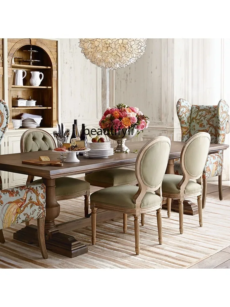 American Conference Table Solid Wood Rectangular Desk French Retro Dining Table and Chair Creative Home Antique Dining Table