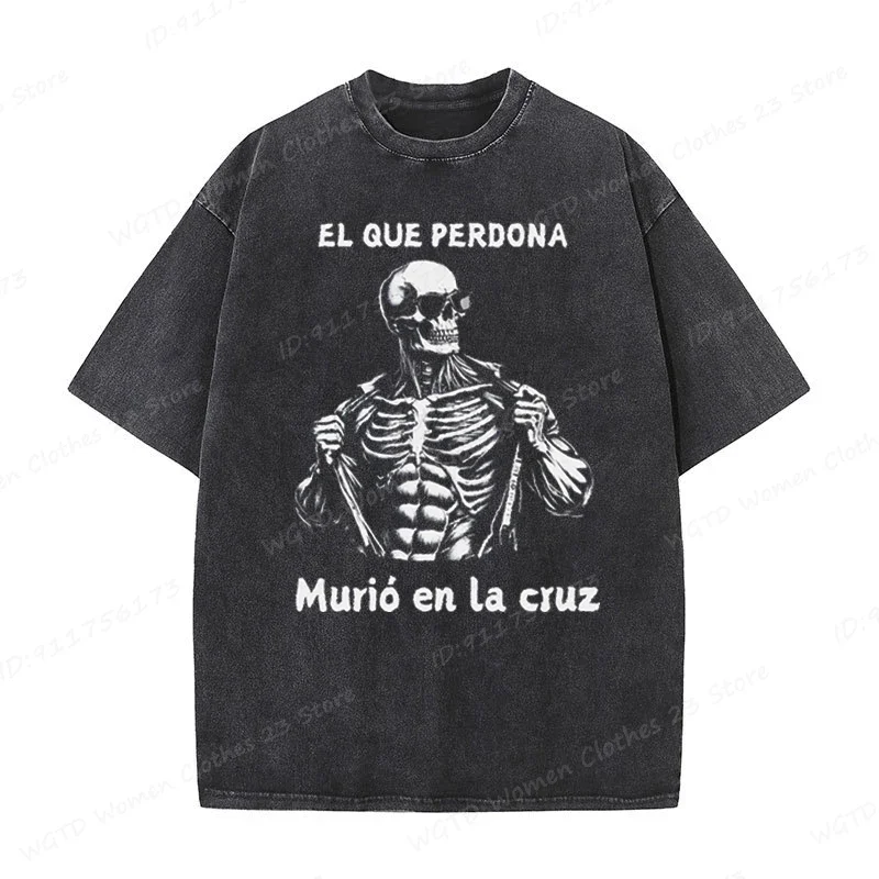

Skeleton & Calacas Chidas Gym Oversized T-Shirts For Men Cool Skeleton Gym Print Washed Tshirt Summer Tees Funny Streetwear Tops