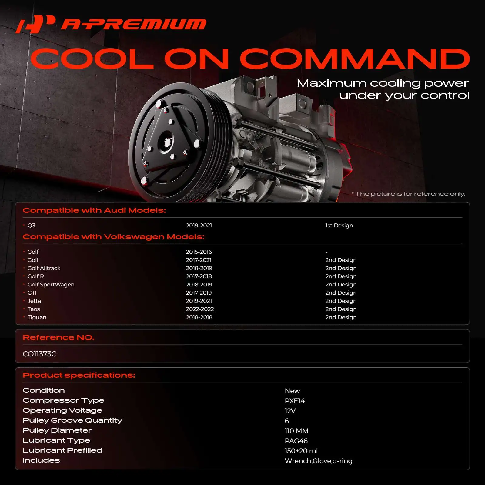 A-Premium AC Compressor with Clutch for Volkswagen Jetta 2019-2021 Golf 2015-2021 Tiguan 2018 GTI 2017-2019 Audi Q3 2019-2021