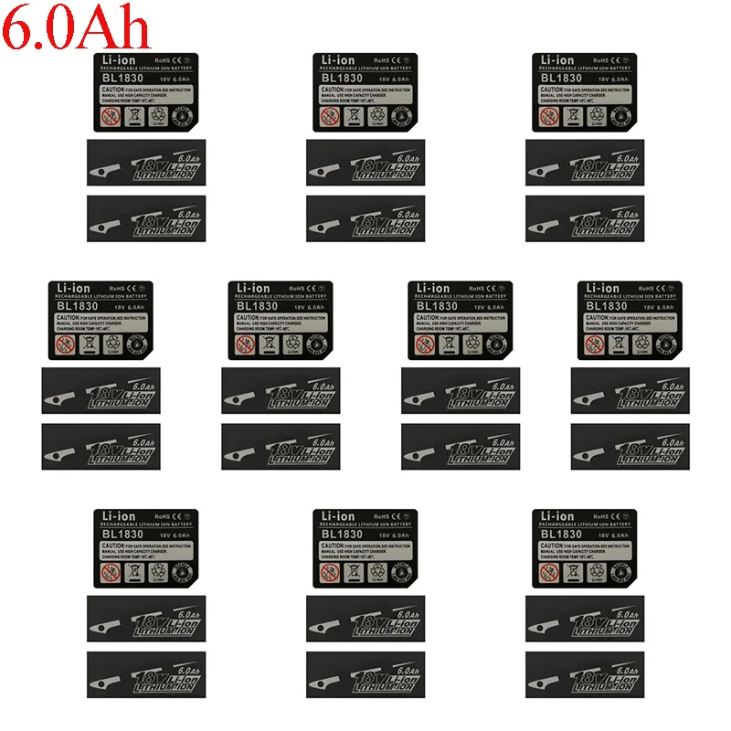 10 conjuntos de etiqueta bl1830 bateria de íon-lítio 18v etiqueta adesiva para makita 18v 3ah 4ah 5ah 6ah 9ah bl1860 bateria logotipo chave de martelo broca