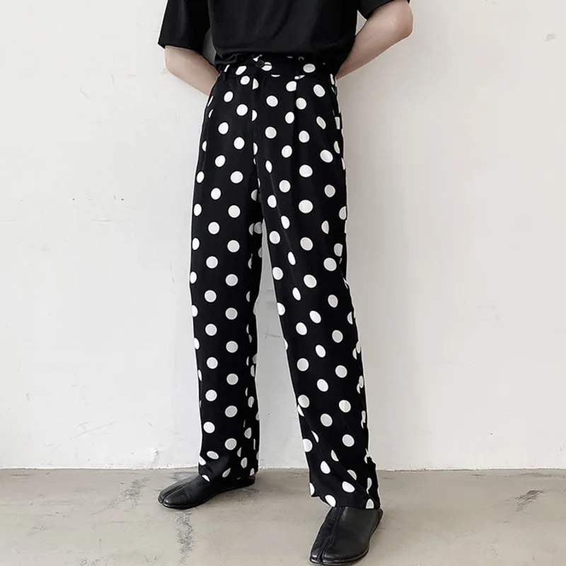 

New Polka Dot Men's Chiffon Casual Pants Streetwear Joggers Men 2023 Loose Fashion Lightweight Straight Wide Leg Pants