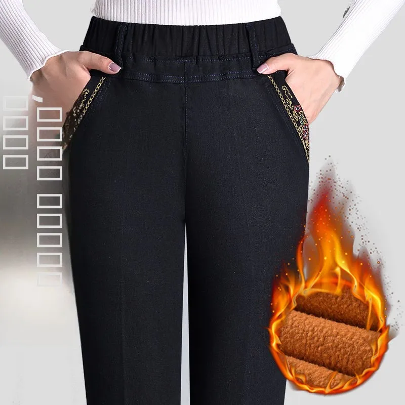 Thickened Fleece Women's Jeans Elastic Waist High Waist Loose Fit Cotton Blend Autumn Winter New Style Mid-aged And Elderly L...