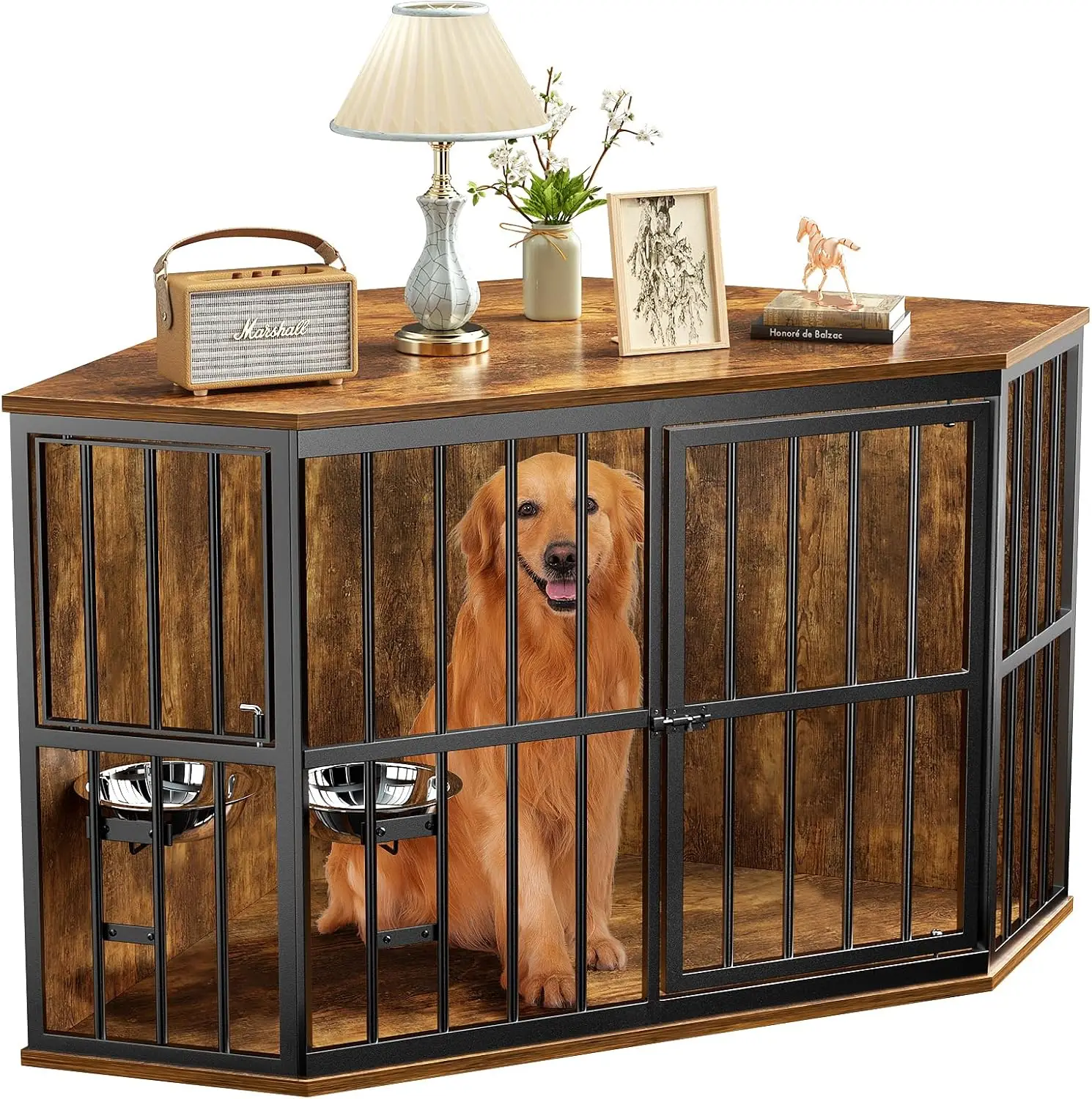 APRILSOUL 53 inch Furniture Dog Crate Corner, Dog Kennel Corner Wooden End Table with Bowl, Indoor Pet Crates Corner Side Table