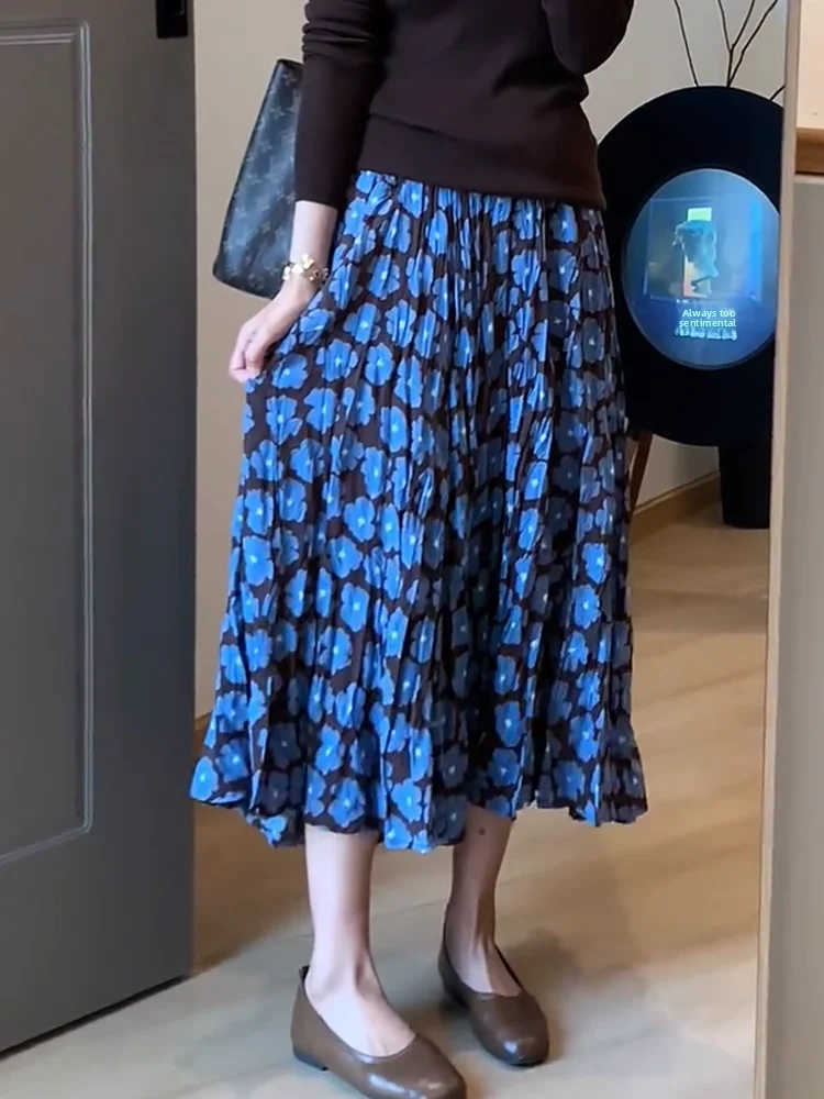 

Ретро-юбка миди с цветочным принтом и плиссировкой, повседневная, весенне-летняя, струящаяся, стройнящая, универсальная, средней длины