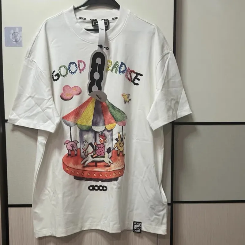 Colorful Playful Carousel Illustration GOODBRAND Tshirts Men Women Hotfix Rhinestone Letter Round Neck Short Sleeve Streetwear